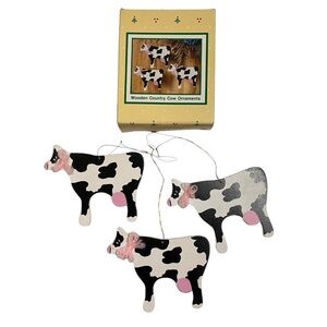 Vintage 90's Wooden Country Cow Christmas Ornaments Lot of 3 B of A Inc.